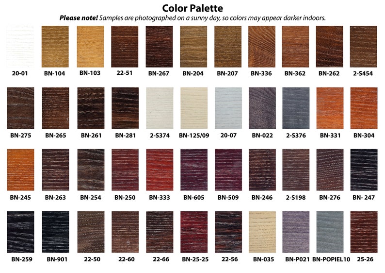 May include: Color palette chart with 48 wood stain samples. Each sample is labeled with a code, such as 20-01, BN-104, and 2-5454.