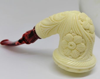 Handgeschnitzte floral gebogene Meerschaum Pfeife, der Block Meerschaum, handgeschnitzte Meerschaum Pfeife, türkischer Meerschaum, rose geprägte Pfeife