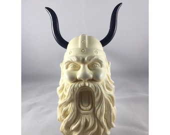 Hand Carved Horned Viking Pipe with Silver Ring, Tamper and Cigarette Holder, Viking Figure Pipe, 100% Solid Block Meerschaum Pipe