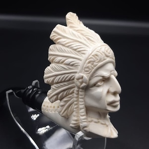 Tubo di schiuma di mare con testa indiana intagliato a mano, tubo di schiuma di mare intagliato, intagliato a mano, il miglior blocco di schiuma di mare, tubo di schiuma di mare a blocchi