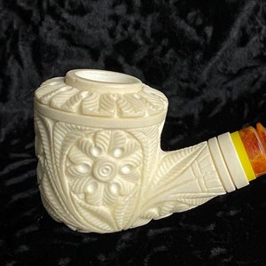 Embossed Floral Pipe, Bent Stem Meerschaum Pipe, Block Meerschaum, Turkish Meerschaum, Rose Embossed Pipe