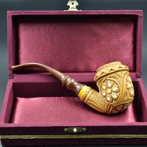 Hand Carved Floral Pipe, Bent Stem Meerschaum Pipe, Block Meerschaum, Turkish Meerschaum, Rose Embossed Pipe