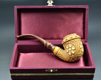 Handgeschnitzte Blumenpfeife, Meerschaumpfeife mit gebogenem Stiel, Blockmeerschaum, türkischer Meerschaum, mit Rose geprägte Pfeife