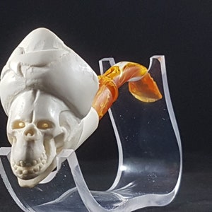 Hand Carved Pirate Skull Bent Stem Meerschaum Pipe, Block Meerschaum, Unsmoked Meerschaum