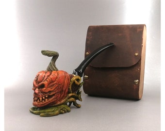 Personalized Halloween Briar Pipe, Briar Pipe with Tamper and Bag, Pumpkin Briar Pipe, In Stock,Acrylic Stem, Scary Pipe, Tobacco Pipe