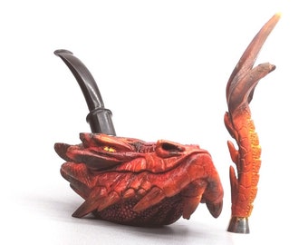 Personalized Dragon  Briar Pipe with Tamper and Its Special Bag, Acrylic Stem, Dracarys Pipe, Engrave Your Name with Khuzdul Alphabet