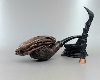 Alien Briar Pipe with Tamper and with Its Special Bag and Stand, Acrylic Stem, Hand-Carved Briar Wood, Prometheus Covenant Pipe,
