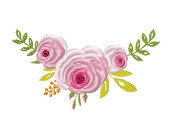 May include: A pink floral embroidery design with three pink roses and green leaves.