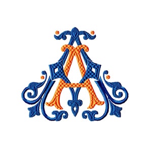 May include: A monogram design featuring the letter "A" in a blue and orange colour scheme. The letter is stylised with intricate flourishes and a checkered pattern.