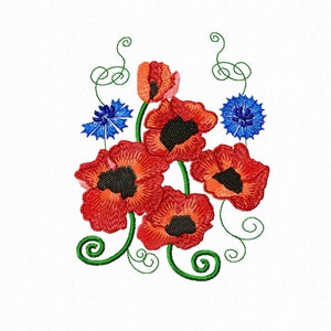 May include: Embroidered design featuring red poppies and blue cornflowers with green stems and leaves. The flowers are arranged in a cluster with a whimsical, swirling design.
