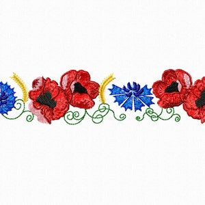 Blumen Bordüre Maschinenstickerei Design. Blumenmuster. Mohnblumen Kornblumen Bordüre.