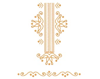 May include: Gold embroidery design on a white background. The design includes a central vertical element with a zigzag pattern, symmetrical floral and arrow-like motifs, and a matching border. The design is suitable for fabric embellishment.