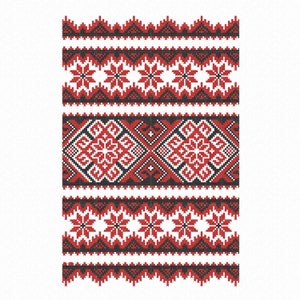 May include: Five different red and black embroidered patterns on a white background. The patterns are traditional Ukrainian folk designs.