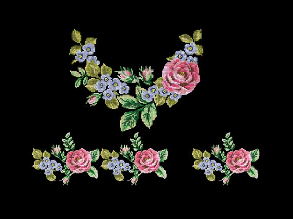 Roses Flowers Machine Embroidery Design. Neckline Cross Stitch