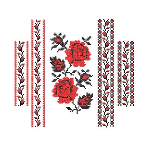 Puede incluir: Diseño bordado con rosas rojas y hojas negras sobre fondo blanco. El diseño está rodeado de bordes negros y rojos.
