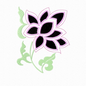 Könnte beinhalten: Eine schwarze Blume mit rosa Umrandungen und grünen Blättern. Die Blume hat ein stilisiertes Design mit mehreren Blütenblättern.
