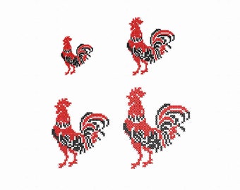 Chicken machine embroidery pattern. Folk cross stitch designs Set 4 sizes. Rooster