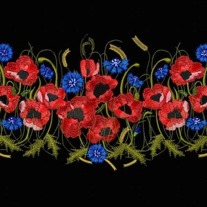 Flowers machine embroidery pattern. Poppies and cornflowers