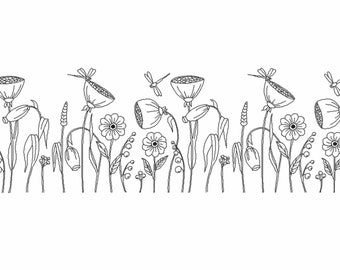 May include: Black and white line drawing of a floral border with various flowers, leaves, and dragonflies. The flowers include poppy pods, small flowers with five petals, and lily of the valley.