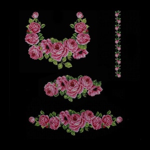 Roses Flowers Machine Embroidery designs Cross stitch pattern. Set floral ornaments for dress.