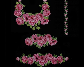 Roses Flowers Machine Embroidery designs Cross stitch pattern. Set floral ornaments for dress.