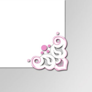 May include: A white corner design with pink accents. The design features a series of swirls and circles, with a pink heart shape at the bottom.