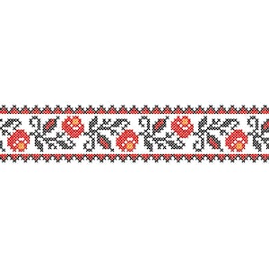 May include: A detailed cross-stitch pattern featuring a floral design with red and yellow flowers, black leaves, and stems, set against a white background. The border is a repeating pattern of red and black cross stitches. This design is suitable for embroidery projects.