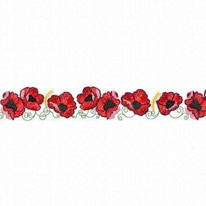 Flowers border machine embroidery design. Poppies embroidery pattern.