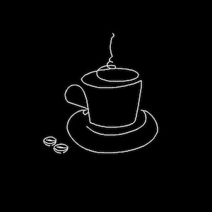 Puede incluir: Un dibujo de línea blanca de una taza de café con vapor saliendo de ella, sentada en un platillo con dos granos de café al lado.