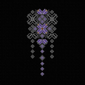 Puede incluir: Diseño de bordado floral de color morado y blanco con un patrón repetitivo de flores y hojas. El diseño es simétrico y tiene un aspecto tradicional.