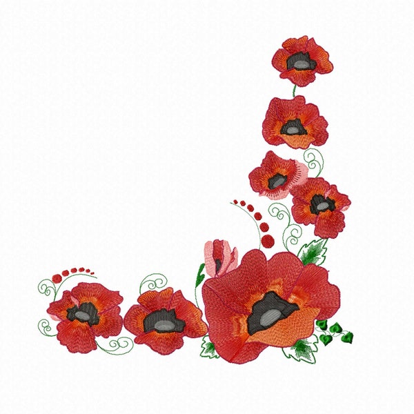 Flowers Machine Embroidery designs Poppies digital pattern. Border floral ornament.