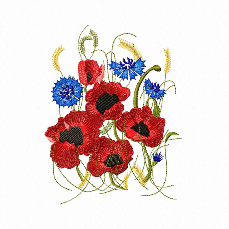 Machine Embroidery Digital Pattern. Poppies and Cornflowers. Etsy
