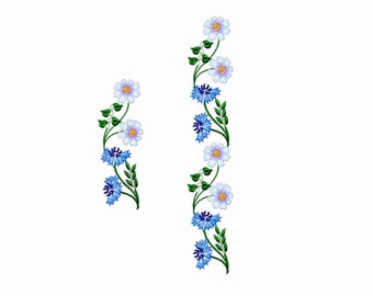 Flowers machine embroidery border design. Cornflower, chamomile pattern