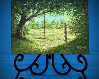 Landscape Sunrise Painting on Canvas Tree Swing, Country Setting