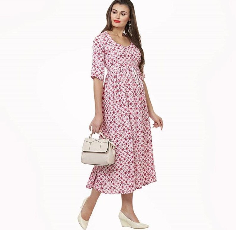 Mahru Diamond Printed Pleated Cotton Midi Dress with Pom Pom Detailing