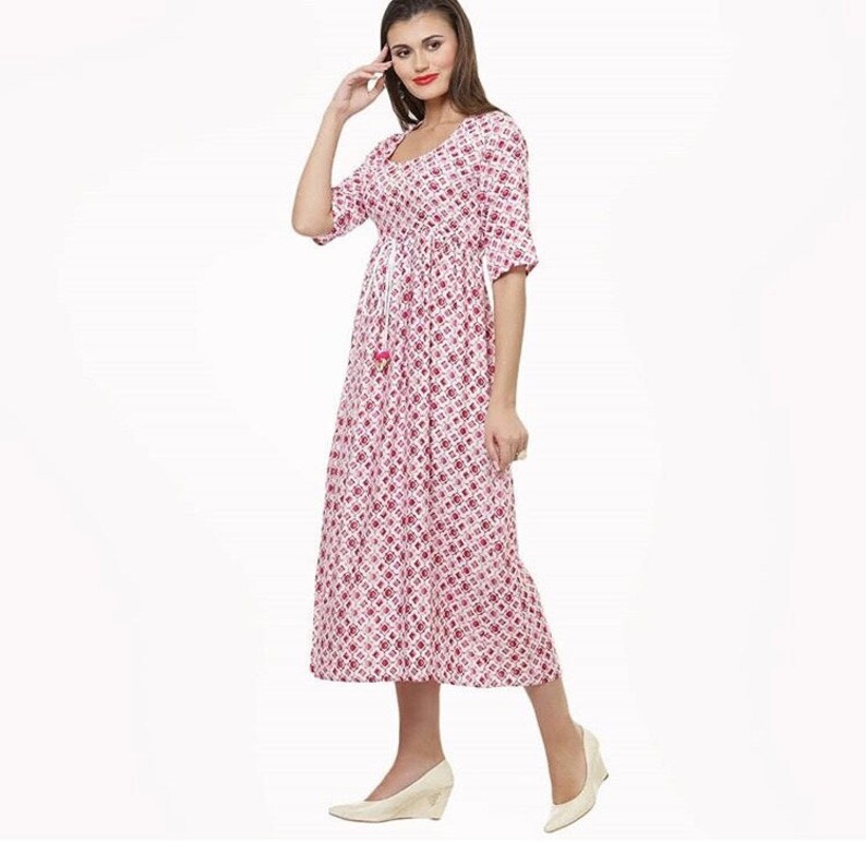 Mahru Diamond Printed Pleated Cotton Midi Dress with Pom Pom Detailing