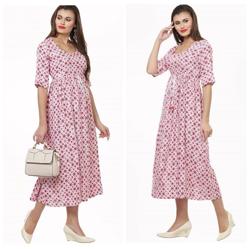 Mahru Diamond Printed Pleated Cotton Midi Dress with Pom Pom Detailing