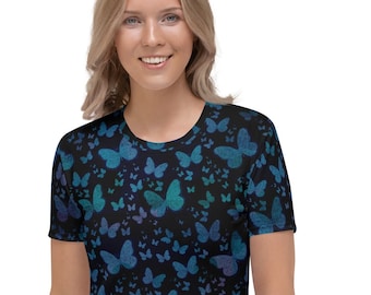 ブルーバタフライレディースTシャツ、夏用バタフライ柄シャツ、彼女へのギフト