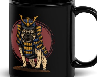 Pug Mug Black Glossy Mug, Samurai Pug, Funny Pug Coffee Mug, Pug Lovers Mug