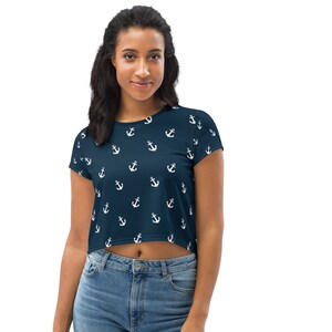 Nautical Anchors All-Over Print Crop Tee, Boating Crop T-shirt, Gift For Her