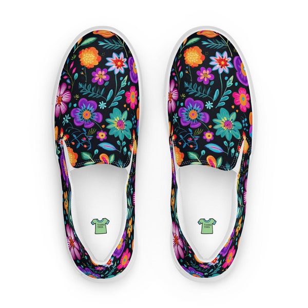 Damen mexikanische Blumen Print Slip-On Canvas Schuhe, Damen Freizeitschuhe