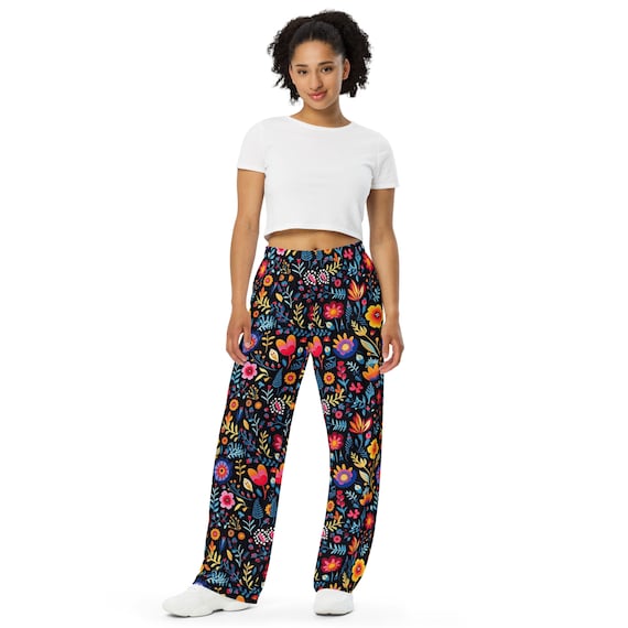 Mexican Flowers Print Unisex Wide-leg Pants, Casual Summer Pants