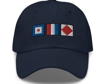 WTF en lettres moulées avec drapeaux de signaux nautiques, casquette personnalisée avec drapeau sémaphore