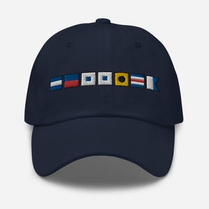 JESSICA spelled out with Embroidered Nautical Flags Dad hat, Personalized Semaphore Flag Cap