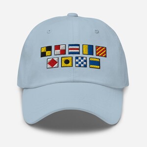 LUCKY FIND spelled out with Nautical Signal Flags Dad hat, Personalized Nautical Flags, Boat Name Hat