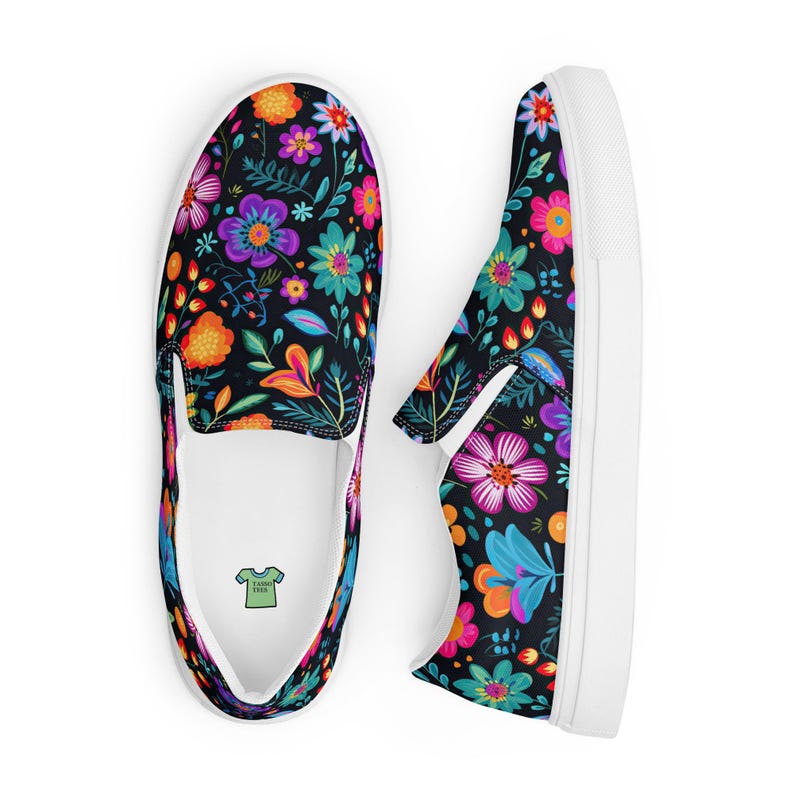 Mexican Flower Print Men’s slip-on canvas shoes, Men's Summer Shoes