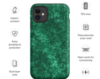 May include: A green phone case with a textured, marbled design. The case is made of a dual-layer material with a polycarbonate outer shell and a TPU liner. It is impact-resistant and offers extra durability and protection. The case has open ports for connectivity and is compatible with wireless charging.