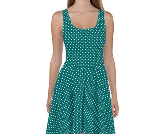 Green with White Polka Dots Summer Dress, Polka Dot Skater Dress, Casual Summer Dress
