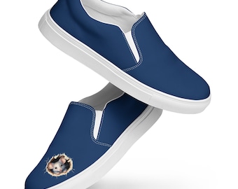 Women’s Blue slip-on canvas shoes with Cute Mouse Looking Out