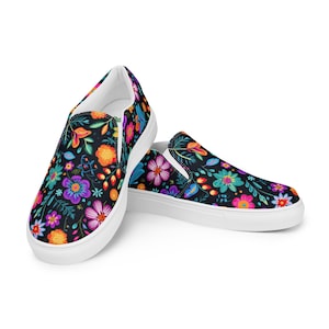 Mexican Flower Print Men’s slip-on canvas shoes, Men&#39;s Summer Shoes